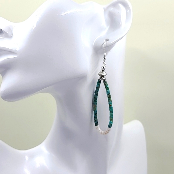 Hand Crafted Jewelry - Handmade turquoise and shell heishi beads dangle earrings.
